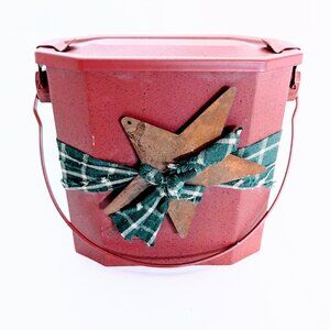 Vintage Folk Art Decorative Lunch Box with Star and Ribbon Decoration